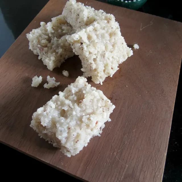 Soft white squares of coconut barfi