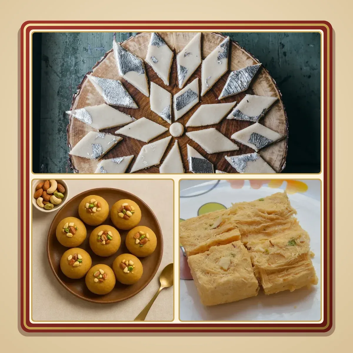 Open Diwali mithai box with kaju katli, besan laddoo and soan papdi