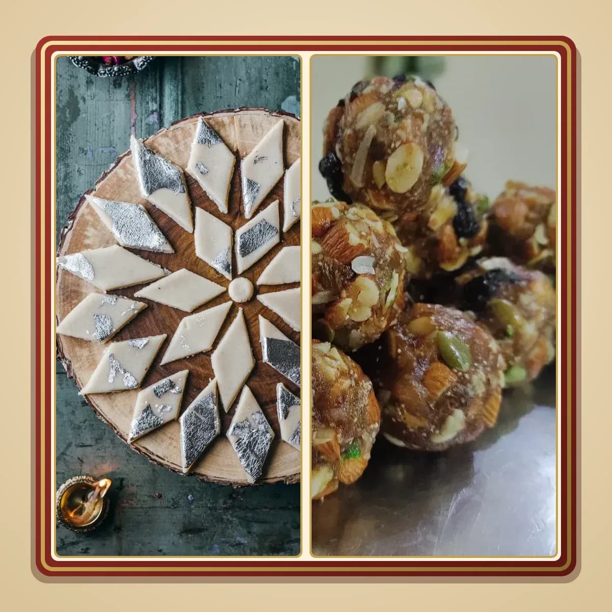 Open sweets box with kaju katli and dry fruit laddoo