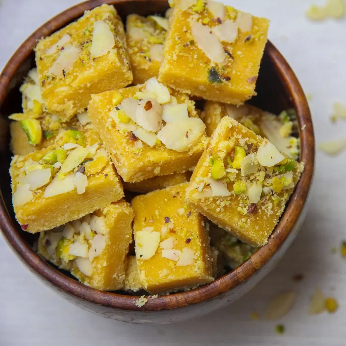 Squares of yellow barfi with sliced almonds in a bowl